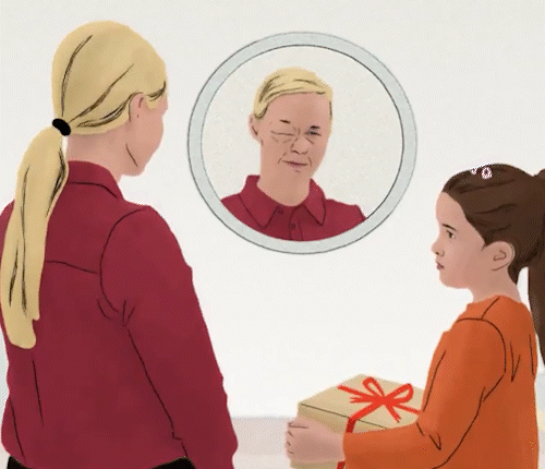 Woman looking at herself in the mirror with a swollen eye, her daughter is looking sad at her